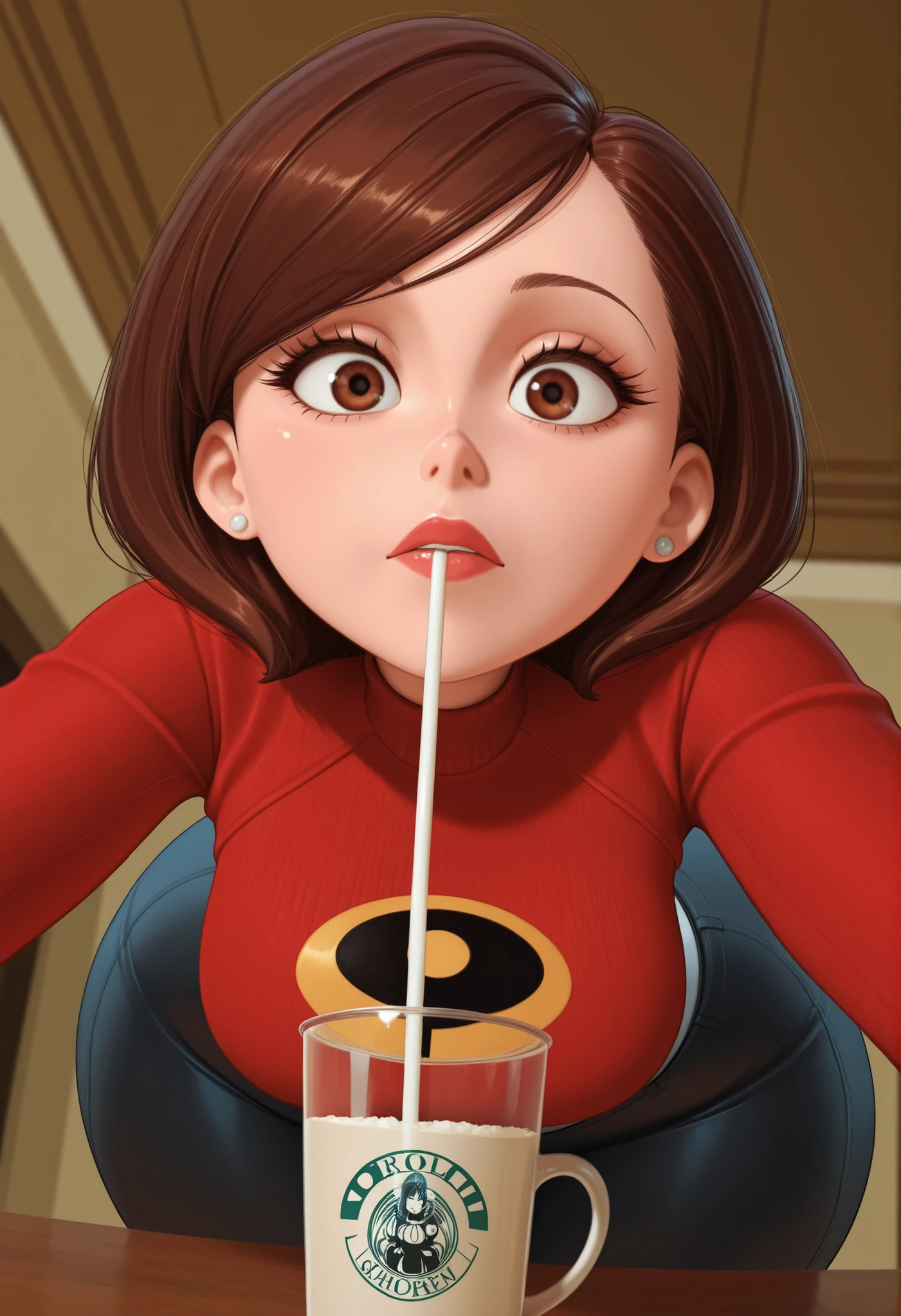 Helen Parr , mature female, medium hair, Bob_cut, brown hair, brown eyes, big eyes, long eyelashes, medium breasts, narrow waist, thick thighs, huge hips, gigantic ass, fair skin, thin hands, earrings, makeup, pink lips, lipstick.| (solo:1.3), 1girl, smoll, extremely tiny frieren with doll joints, on top of large table, perspective, detailed eyes, looking at viewer, shrunk, microxl, size difference, drinking from large cup with large straw, overdressed, slightly revealing clothes, {dynamic angle | establishing shot | dutch angle | dynamic closeup}, { front view | side view }