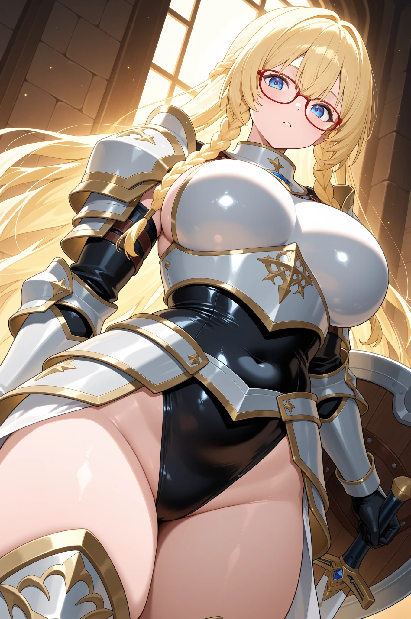 (masterpiece:1.2), (highest quality:1.2), perfect eyes, perfect face, perfect lighting, desert ((((white bikini armor)))), nsfw,　1 girl, blonde, yellow-green eyes, one eye closed, (((wavy hair))), bun_head, medium hair,  cute eyes　looking at the viewer　((From above)), ((abs)), (fang), sweat, closed mouth, (((cum on pussy))), (((glaring))), smile, ((contemptuous)), ((disdain)), contrapposto, crossed arms, ((big breasts))
