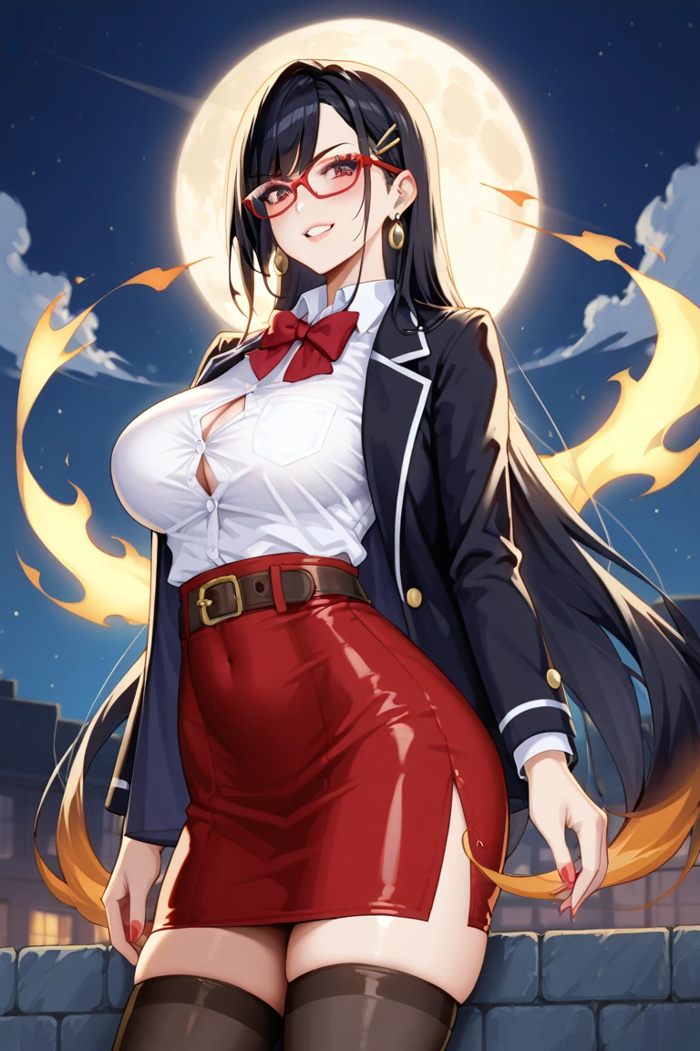 cubedcoconut, best quality, sinder, looking at viewer, legs apart, open mouth, fangs, 1girl, yellow eyes, wolf girl, (fiery hair:1.3), long brown two-toned and streaked hair+swept bangs and sidelocks, fiery wolf ears and flame-tipped wolf tail, ear piercing, large breasts, collarbone, collared shirt, jewelry, necktie, school uniform, shirt, skirt, sleeves rolled up, nails, black nail polish, black pencil skirt+skirt slit, thighs, asymmetrical legwear:fishnets thighhighs+black thighhighs, thigh strap, legwear garter, finely detailed background, amazing background
