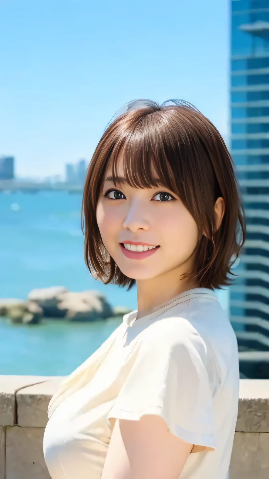 Her body is pointing at the camera、、I'm staring at you、A beautiful woman standing in the background of the urban ocean、、、、A big city with a view of the ocean、Harbour Street、Under the Summer Sky 、cute、light pink blouse、 with frills 、short skirt、 short wavy hair 、big boobs(big boobs 1:1.3)、、smiling、ピースサイン


Mathieu Piece、top quality、illustrations、ultra fine、is fine、High precision in selection、8K Wallpaper、perfect dynamic composition、beautiful detailed eyes、Clean and correct hands、anatomically accurate、clear focus、