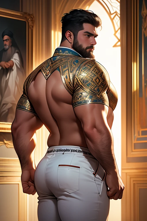 Muscular, topless, plump pecs. Capture the essence of his dressing style as you envision a scene where the royal man, with his commanding presence, prepares to attend a grand celebration. His attire is a masterful fusion of traditional Thai elements that reveals his muscular buttocks and thighs, standing backward, Shirtless，Bulge，fortitude，Raised butt，bubble butt, tight ass, back view, naked you can see his beautiful big round butt, young, slim athletic body, wearing nothing, completely naked, athletic physique, slender, no body hair,opulent details that transport you to a realm of unparalleled splendor.
