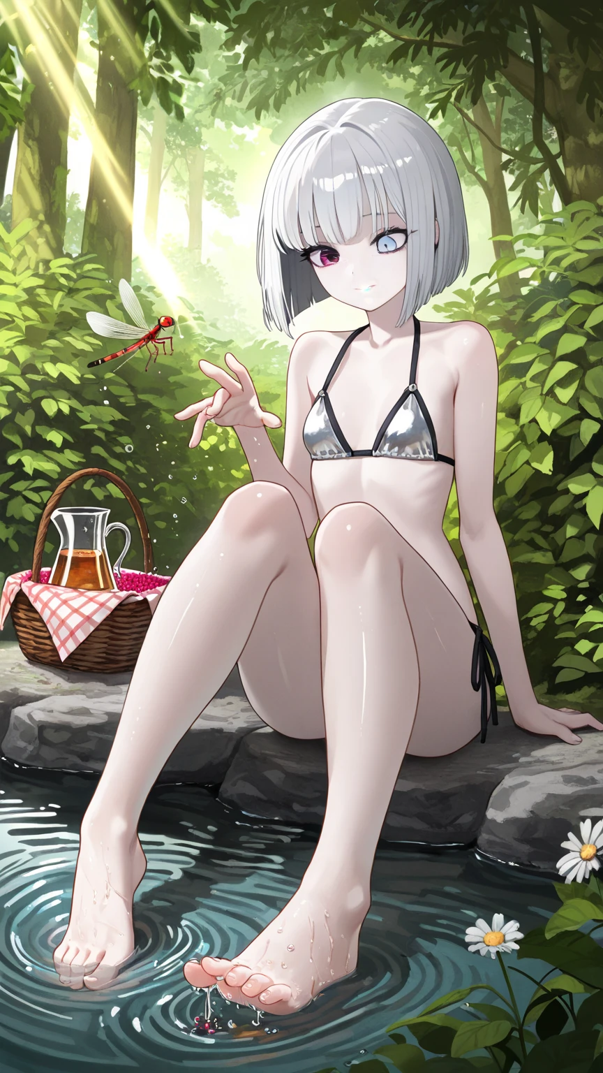1 chica, lindo, adolescente, esbelto, round face shape with angular jaw, rubia con flequillo, ojos grises, swimsuit top, picking wet pink mushrooms in a heavenly forest, luz solar, calcetines a rayas, falda rosa, toque cachondo, ventoso