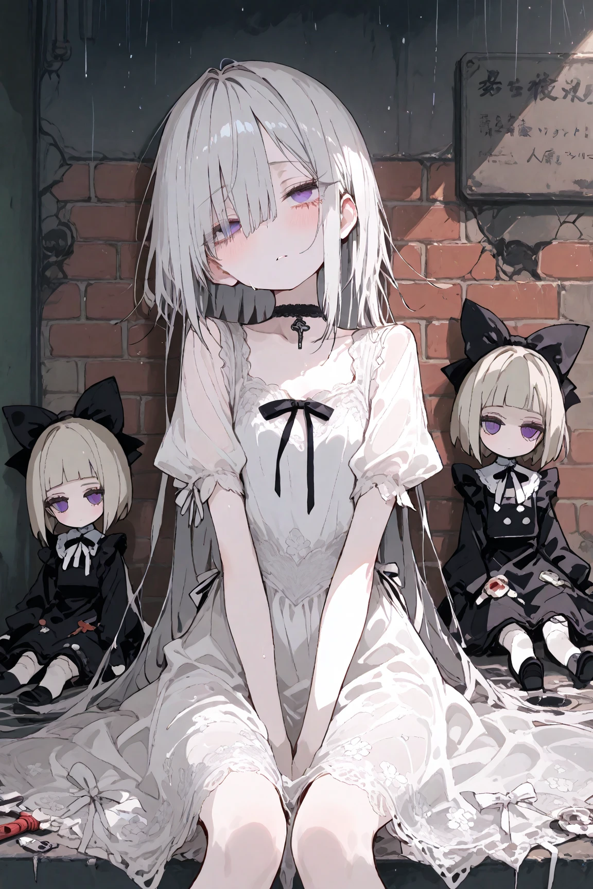 1girl, chibi, tiny, drinking cocoa with a straw, <lora:y2b_v2-1:0.7> hm2b, black blindfold, covered eyes, mole under mouth, clothing cutout, long sleeves, puffy sleeves, juliet sleeves, feather trim, black thighhighs, black gloves, black dress, black skirt, cute, puffy cheeks, living room, sitting on a chair, table