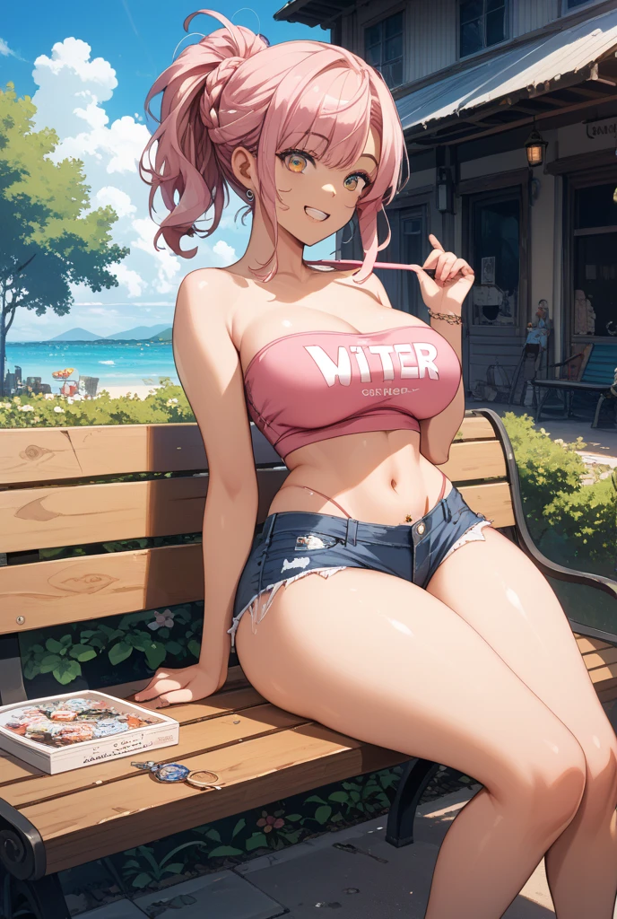 woman, curly red pixie cut hair, green eyes, wearing crop top black shirt, long black jacket, red plaid skirt, (black knee high boots), black fingerless gloves, exposed shoulders, (full body), large breasts, freckles, cleavage, abs, looking at viewer, masterpiece, best quality