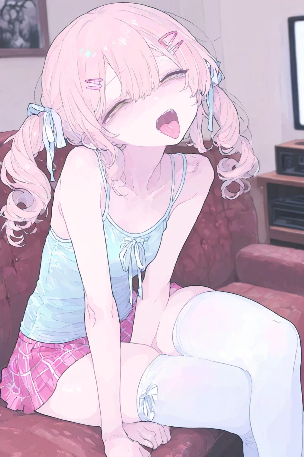 Masterpiece, top quality, very delicate and beautiful girl, very delicate and beautiful, world masterpiece theater, super detailed, very detailed, highest quality, pink hair, pink eyes, high resolution, highly detailed girl, 1girl, highest quality, illustration, looking viewer, impasto, canvas, oil painting, realistic, realist, realistic, angle from below, mini skirt, panties are visible, squatting , Legs spread wide, Pee leaking a little, Nipples, showing off the crotch to viewer, Sheer, Small panties, Ass on the ground, Crotch up, Breast milk dripping, 14 years old, Half-taken off panties, You can see inside through the gap in the panties, Bra is see-through, Straight in front angle, M-shaped legs spread