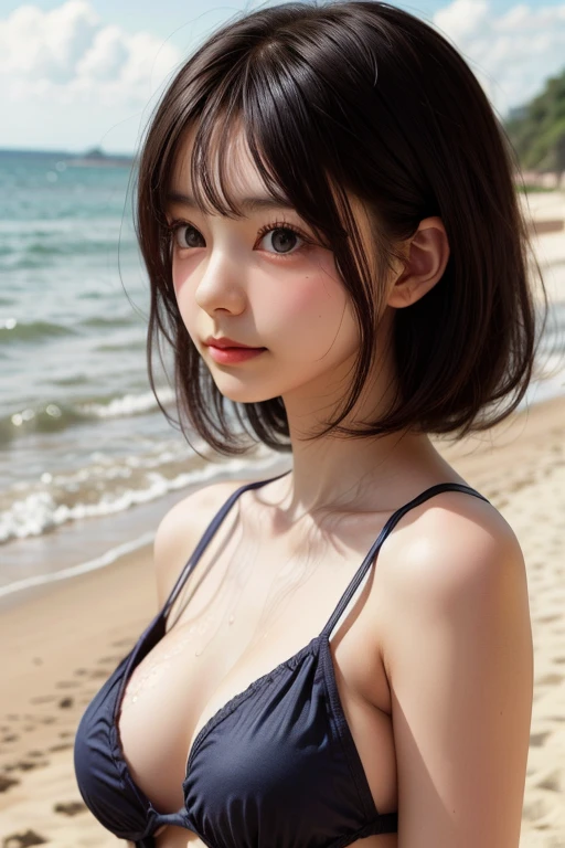 Japan Person, 1girl, 12 years old, japanese Famous idol, 1cute girl, very young face, masterpiece, high quality, small face, (very small tits:1.8)separately micro bikini style, sexy pose, dramatic angle:1.4, Stroll around sandy coast,