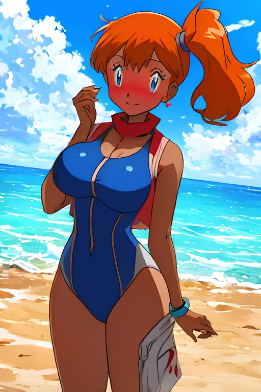 (masterpiece), best quality, expressive eyes, perfect face, Black One-piece swimsuit, Looking at viewer, Pull, Red Ponytail hair, Vibrant, A Tall Woman, Beach