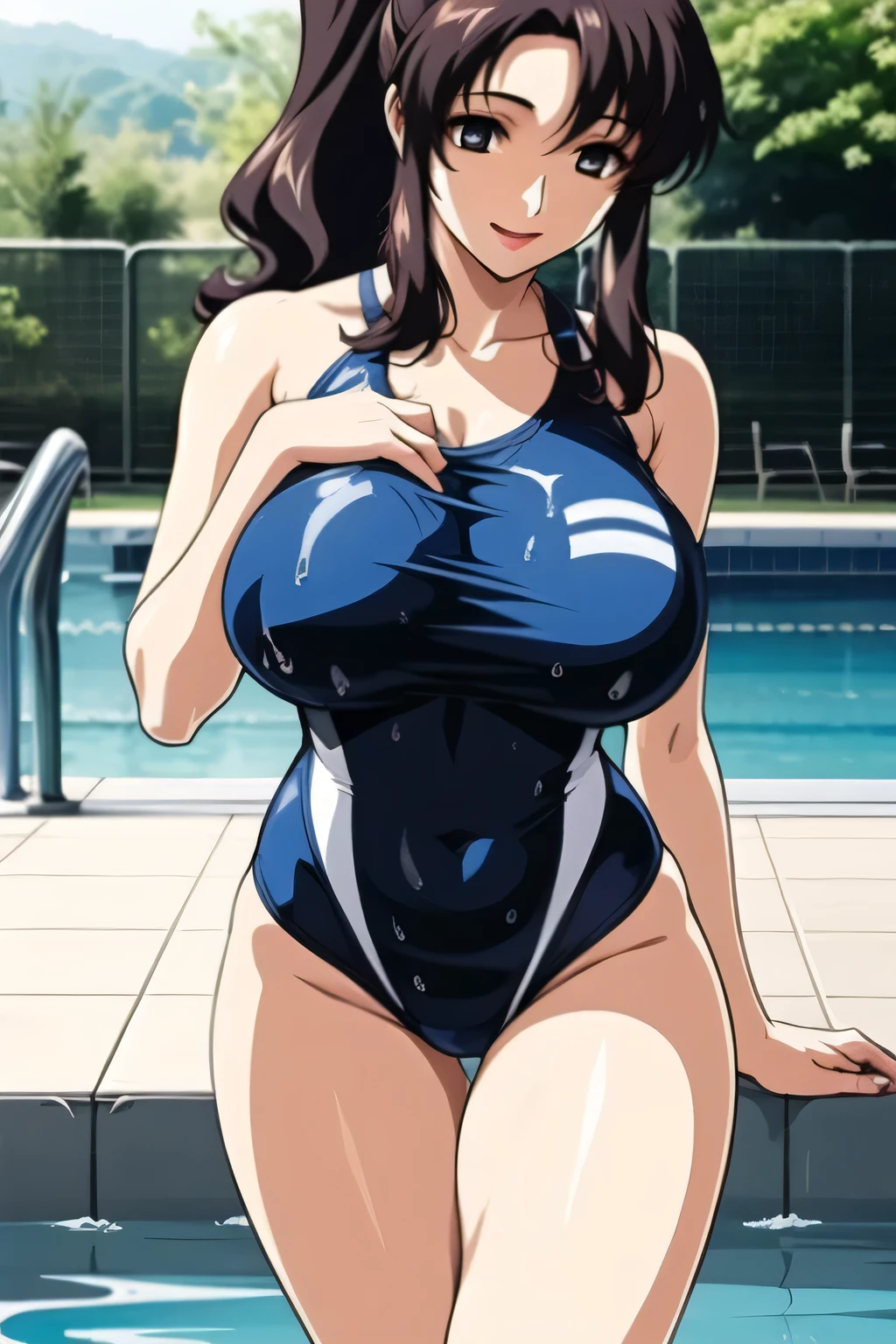 Yabuki Kentarou, score_9, score_8_up, score_7_up, score_6_up, score_5_up, score_4_up, BREAK, masterpiece, best quality, source_anime,  anime screencap, anime coloring, BREAK, 1girl, long hair, large breasts, competition swimsuit, cleavage, light smile, looking at viewer, cowboy shot, poolside