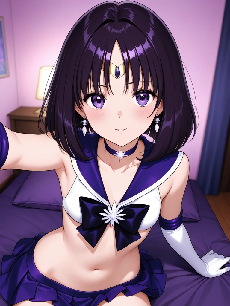 ((masterpiece)), Highest quality, Very detailed,(One Girl), Sailor Pluto、 Long Hair,Beautiful background ,Completely naked, chest, Bent body,Lie in, Look to the side, Worried face, The female genitals are in full view, Drunk look, Hot body、Sweaty、Spread your legs、Opening the vagina with your fingers、Female genitalia seen deep inside、 Browsing Caution,