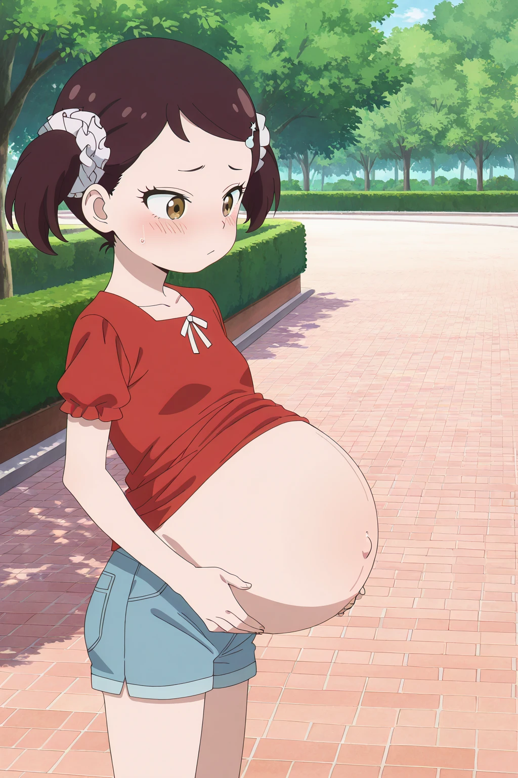 8-year-old girl,cute,(looking at viewer:1.0), details sky,handsome,((masterpiece:1.4,best quality)),multiple details,eyeshadow,sfw, (medium shot:1.5), gradiant eyes, hazel eyes, (long black lycra pantyhose:1), sitting
 riko, long hair, brown hair, green shirt, hair flower, green eyes, skirt, hyper-pregnant, lifting shirt, wink the eye, smile. Exposed belly, lifting shirt, lift shirt. Showing belly, pregnant belly, lift shirt, holding shirt, showing belly. Kiss,