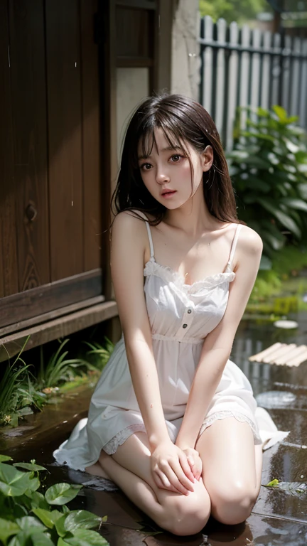 Caucasian 16 year old girl、Sitting with legs apart in a fountain、background blur、Super high quality、sunlight、Off-the-shoulder short dress、Fair-skinned beautiful girl、messy long hair、small cleavage、A fleeting look、clear outline