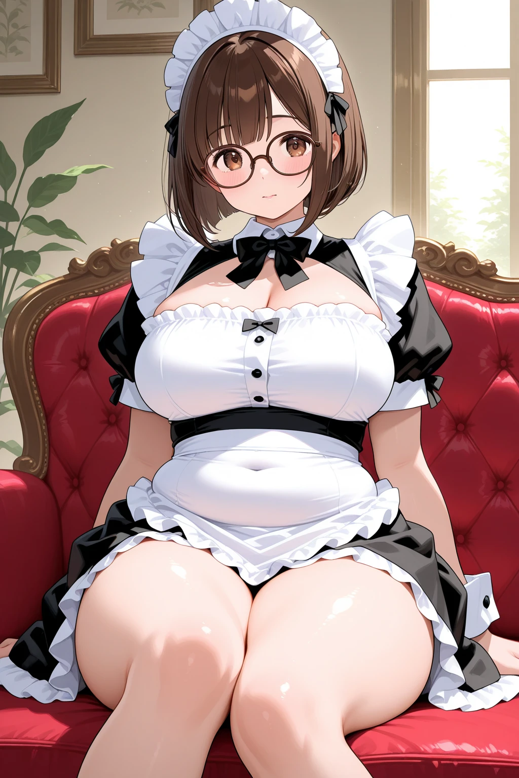 1girl, young girl with huge breasts, gothic lolita, maid outfit, glasses, black hair, silver eyes, Ilulu (dragon maid), Yukari (girls und panzer)