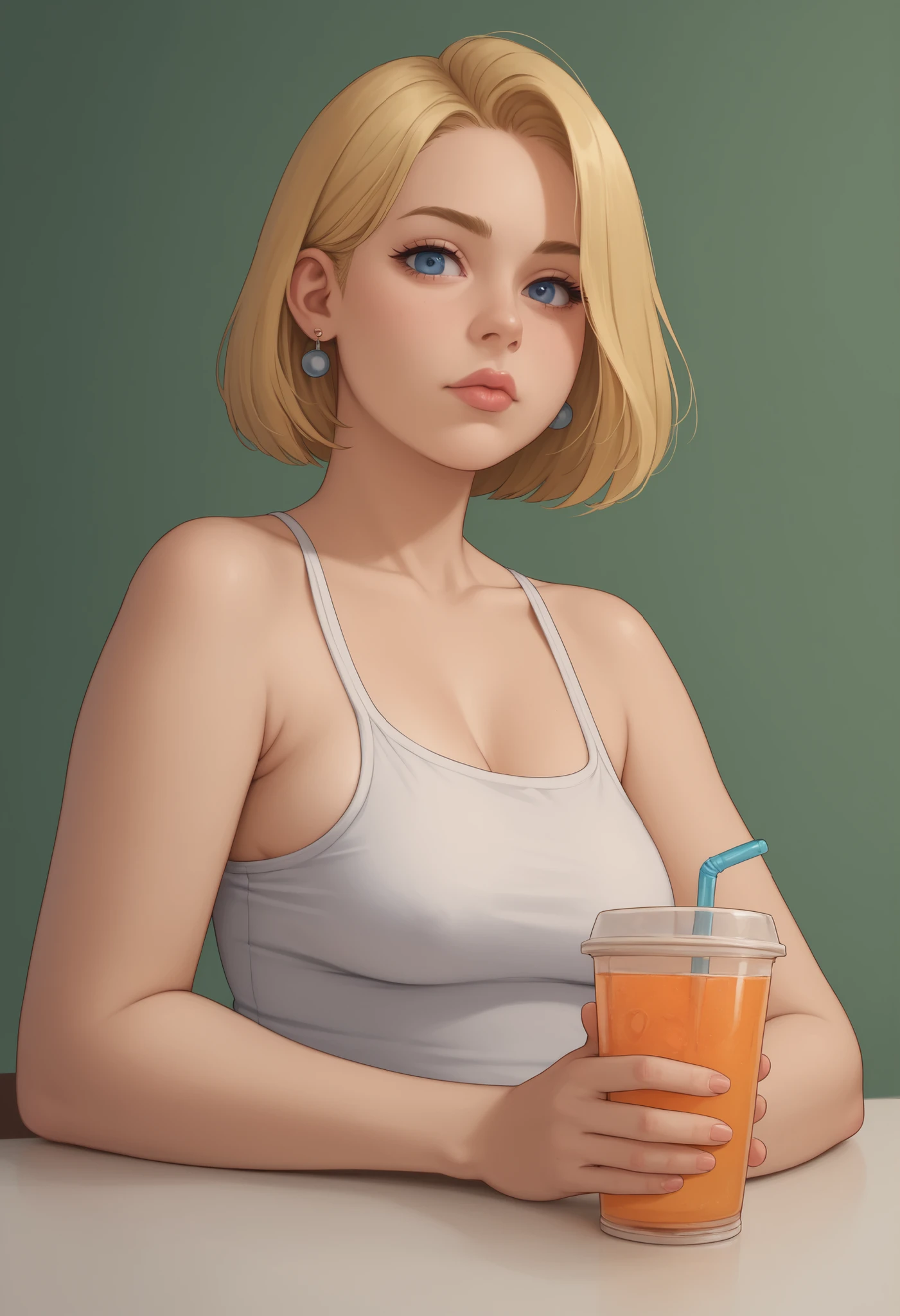 rita loud, mature woman, blonde hair, solo, short hair, medium saggy breasts, gigantic hips. gigantic ass. earrings, fat. | (solo:1.3), 1girl, smoll, extremely tiny frieren with doll joints, on top of large table, perspective, detailed eyes, looking at viewer, shrunk, microxl, size difference, drinking from large cup with large straw, overdressed, slightly revealing clothes, {dynamic angle | establishing shot | dutch angle | dynamic closeup}, { front view | side view }