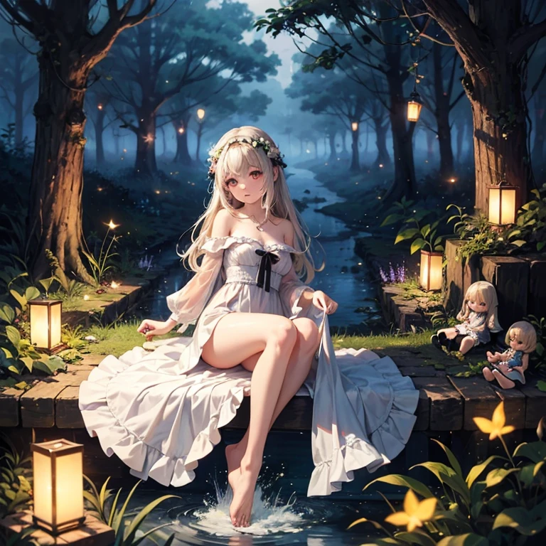 (Highly Detailed, Best Quality, Masterpiece) Girl, about cute turtle babies, hilariously, wears a very elegant outfit.  As gentle rain falls on a dark beach at night, a turtle's shell serves as its roost.  With its extremely wide angle of view, there is a polar backdrop to be seen, with a stunning waterfall serving as a backdrop.  The warm, dreamy lighting adds a beautiful glow to the scene