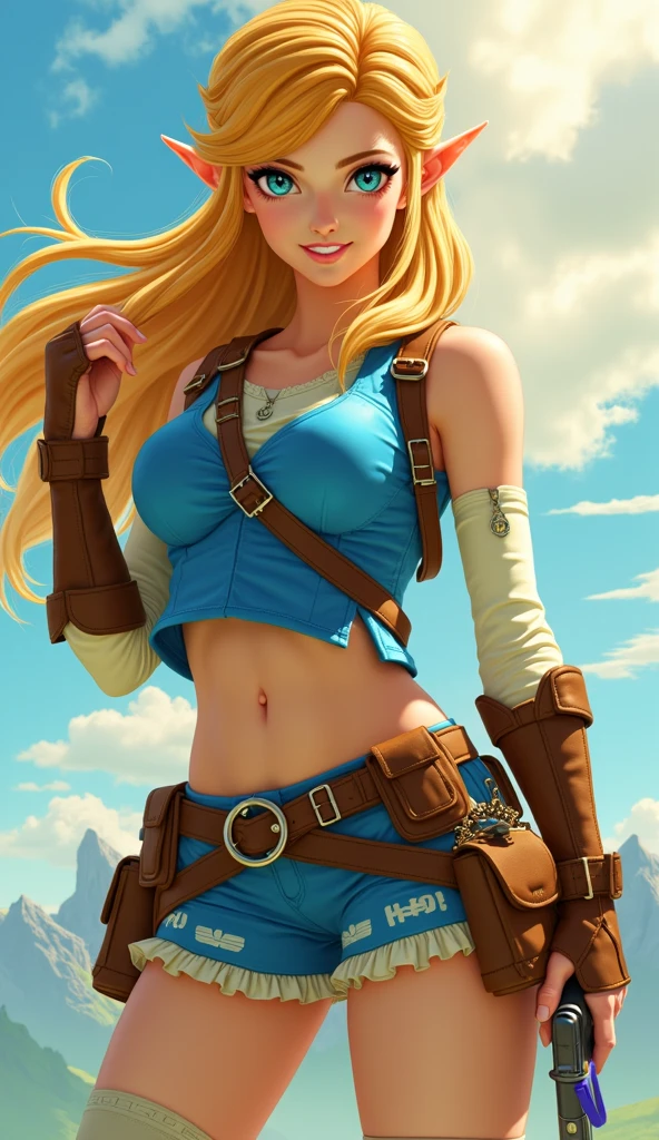 Ultra Realistic, absurd, 8K, Perfect Art, Super Detailed Rendering, Masterpiece, High Quality, high resolution, ultra-detailed, Clean, Masterpiece, Professional Artwork, beautiful, masterpiece, best quality, Bright Golden Blue Eyes, (sparkling eyes:1.5), beautiful Blue eyes, (blonde hair: 1.4), long hair, beautiful face, detailed female face, (((perfect female body, narrow waist))), beautiful female body, full body, very pretty woman, young, very pretty woman, sexy, short, sexy, very attractive, (very big breasts:1.4), (huge breasts), rogue anime girl, rpg portrait full body, official character art, Bangs, Twin Drills, twintails, hair bows, red scarf around kneck, Green vest over a white t-shirt, Gray short shorts, gold belt, coiled whip hanging from hip, white thigh highs, brown walking boots.