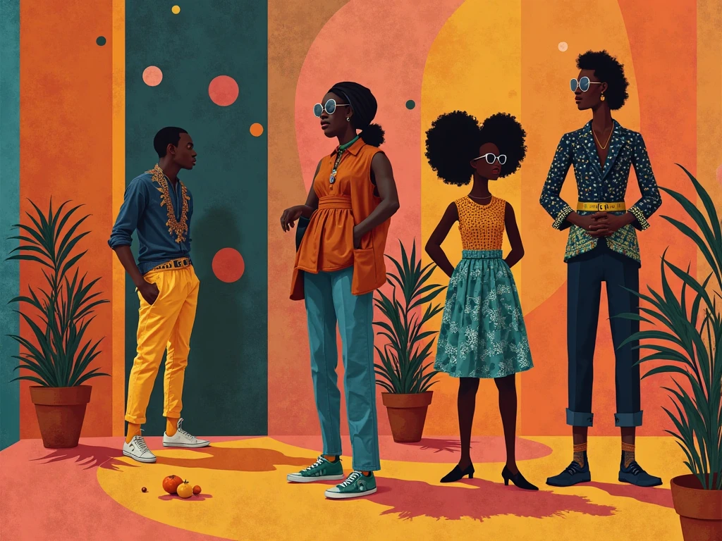 Generates an image of African-American culture in the 20th century where the/The people who appear have a minimalist concept and the environment that surrounds them is maximalist, everything in the Memphis design group 