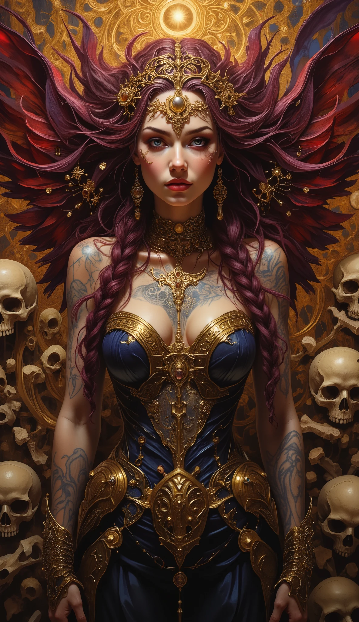  The image is a photograph of a scene in the ossuary, or bone chapel, at the Sedlec Ossuary in the Czech Republic. The scene is densely packed with human skulls and bones, arranged in intricate patterns and structures. Seductively posed amidst bone art of the dead and surrounded by a aura of darklight we zoom in to a half body portrait of a striking woman of vivid beauty and terrifying self-possession, she has monstrous raven wings, beautiful succubus, fallen archangel, raven winged female vampire baroness, Duchess of Hell, gothic fantasy art, Captain-Commander of Hell's Crimson Reavers, Deathknight , Lilith The First Vampire, fantasy dark art, demoness, gothic maiden of the dark, succubus | medieval, goddess of wrath, want to create a tableau dedicated to portraying Lilith, queen of demons, first wife of Adam, first succubus. masterpiece. best quality. Aesthetic pose, perfect anatomy, gold and dark purple decorated warbraids,  radiantly ironic  and sinister eyes,beautiful cinematic painting, dark dramatic character, tattoos of demonic script all over body, sinister beauty, shapely tall figure, curvy lush body, a vibrantly sensual and murderous paragon of death seems a 20 year old Alexander the Great in feminine aspect, the same mad genius and presence of majesty only gods dragonslayers convey. Heroes and madmen, wizards and trickers, Violent Gods and Calculating devils and archangels of holy fire, cthonic elder horrors and Demiurges. She is a Goddess, with dark godrays crowning her glory and terrible beauty, masterpiece:1.3,  perfect big breasts, beautiful hands  ,  Glowing Skin , Face Focus , Delicate skin  ), Perfect Face，depth of field，panoramic，full body shot, Realistic Portrait  ，   exquisite five-fold ，Perfect Face 、（steam）， panoramic，full body shot,  , waves of layered crimson hair fastened  with jewelry for armor, Sleeveless Tank Top with ample tattooed cleavage ，  Fit leather Dress armored in diabolically engraved bronze scales  ， combat boots  The image