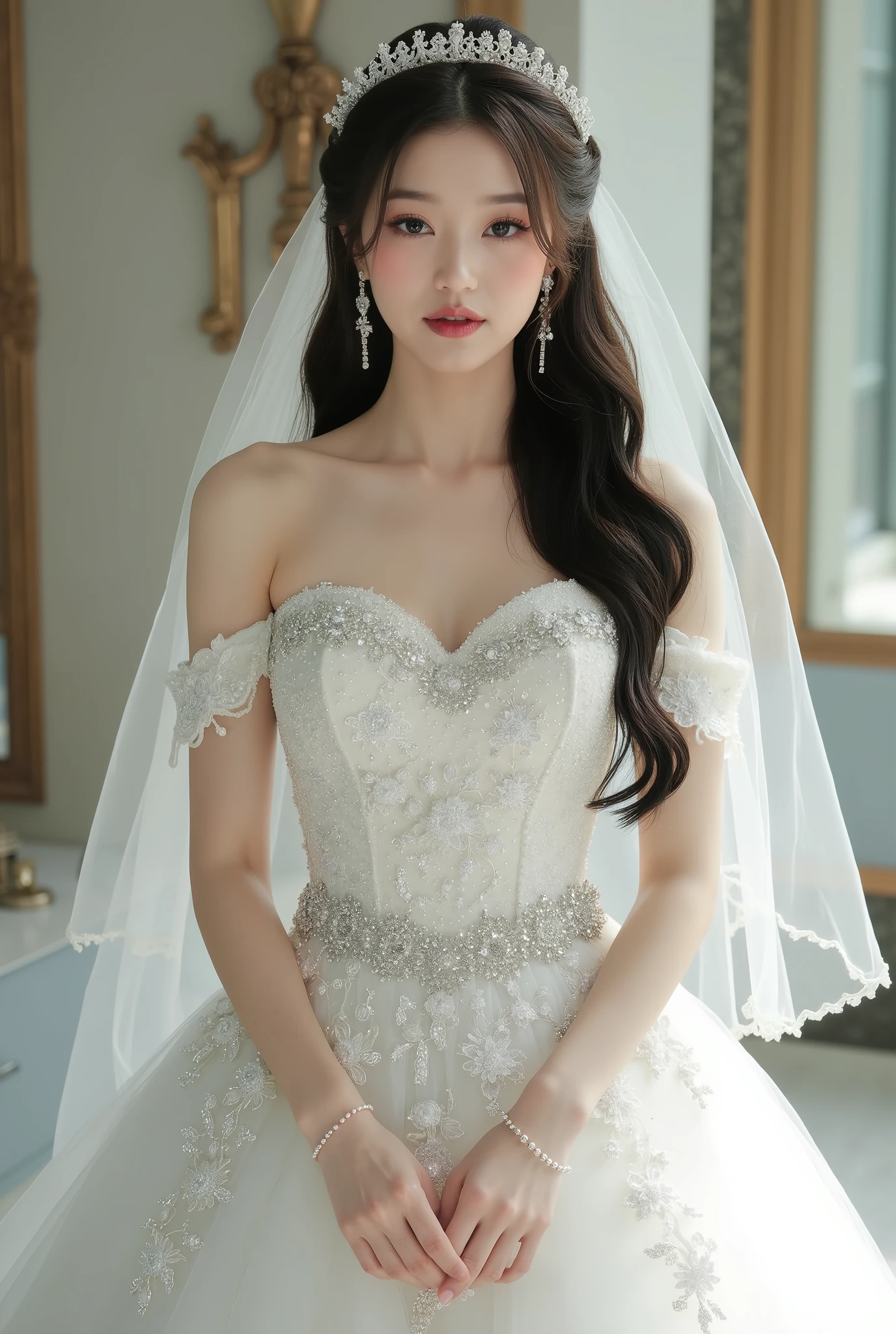 The image showcases a beautiful young korean woman dressed as a bride. She wears an elegant white wedding gown adorned with intricate floral embellishments and shimmering sequins. The dress features an off-the-shoulder design with bustier that accentuate her cleavage, accentuating her delicate shoulders and décolletage. Her long, dark hair cascades gracefully, partially covered by a sheer, flowing veil. She holds the edges of the veil with both hands, lifting it slightly as she gazes softly into the camera with a serene and enchanting expression. The background includes mirrors and soft, neutral tones, adding depth and elegance to the scene. The lighting is gentle and diffused, enhancing the dreamy, romantic atmosphere of the photograph.