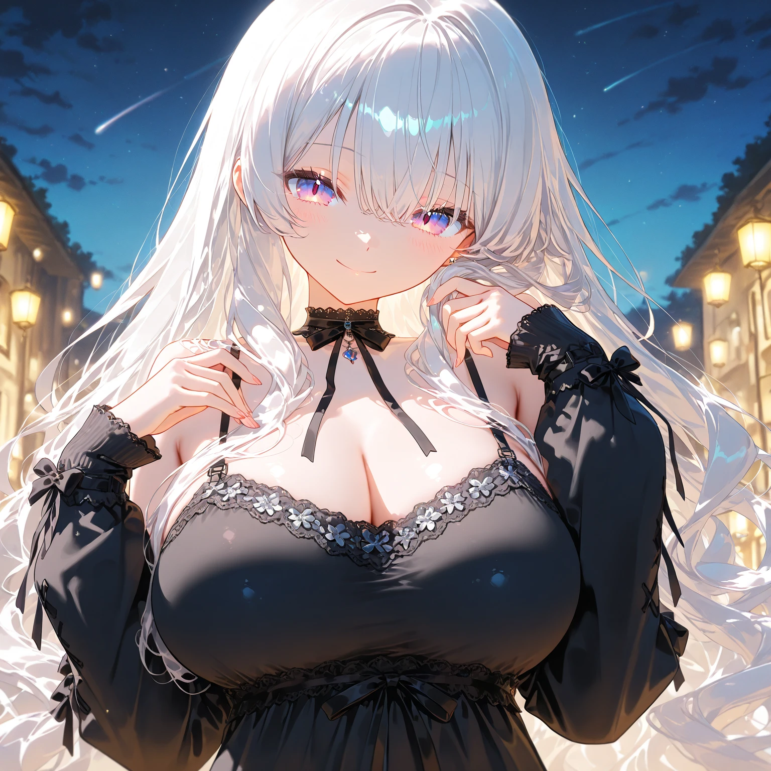 score_9, score_8_up, score_7_up, source_anime, (masterpiece), best quality, expressive eyes, perfect eyes, perfect face, oni girl, oni horns, red eyes, soft lips, long hair, very long hair, wide hips, (white hair:1.2), (white eyebrows:1), (white eyelashes:1), medium breasts:0.5, higuchi madoka, big breasts:0.3, standing, background: City, cat ears, white stockings,Black dress, (Red eyes:1.0), Green hair, Black frills, ribbons, bare shoulders