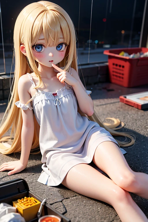 1girll,Yellow-gold lace strapless dress, blond hairbl, Sit on a bench, Wait for the bus, Bus stop, urban backdrop, perfect eyes, perfect hand, 超高分辨率, Movie Angle, Professional lighting, best qualtiy, tmasterpiece, Sideslit, Sharp, Perfect focus,Background bokeh,realisticlying,(Delicate eyes:1.3),realisticlying,(3D脸:1.1),(Glow skin:1.5),(Ultra-high resolution complex facial details),(Facial skin pores:1.3),Ultra-high ress fabric texture,8k eye details,8K pupils,
