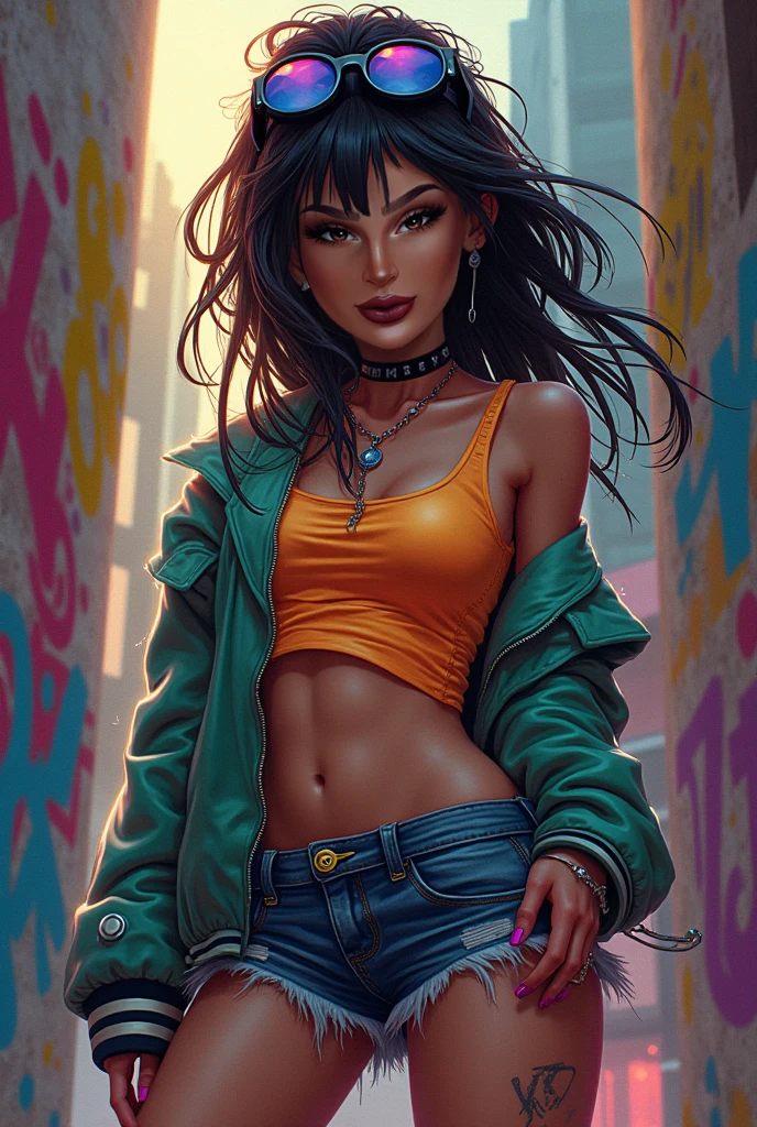 1girl, 1 person, solo female, has short, messy dark brown hair that she usually wears in a tousled style. Her face is angular with high cheekbones, a straight nose, and full lips. She has bright green eyes that are often smudged with black eyeliner, giving her a slightly edgy look. Her skin pale and dotted with a few freckles across her nose and cheeks. tall and lean with a toned, athletic build from years of playing sports. broad shoulders and a narrow waist, giving her an androgynous look. Casual clothing like croptop, hoodies, and ripped short jeans. combat boots and accessorizes with simple jewelry like leather bracelets or silver hoop earrings. Despite her tomboyish style, she still likes to show off her femininity with small touches like painted nails or a delicate necklace.