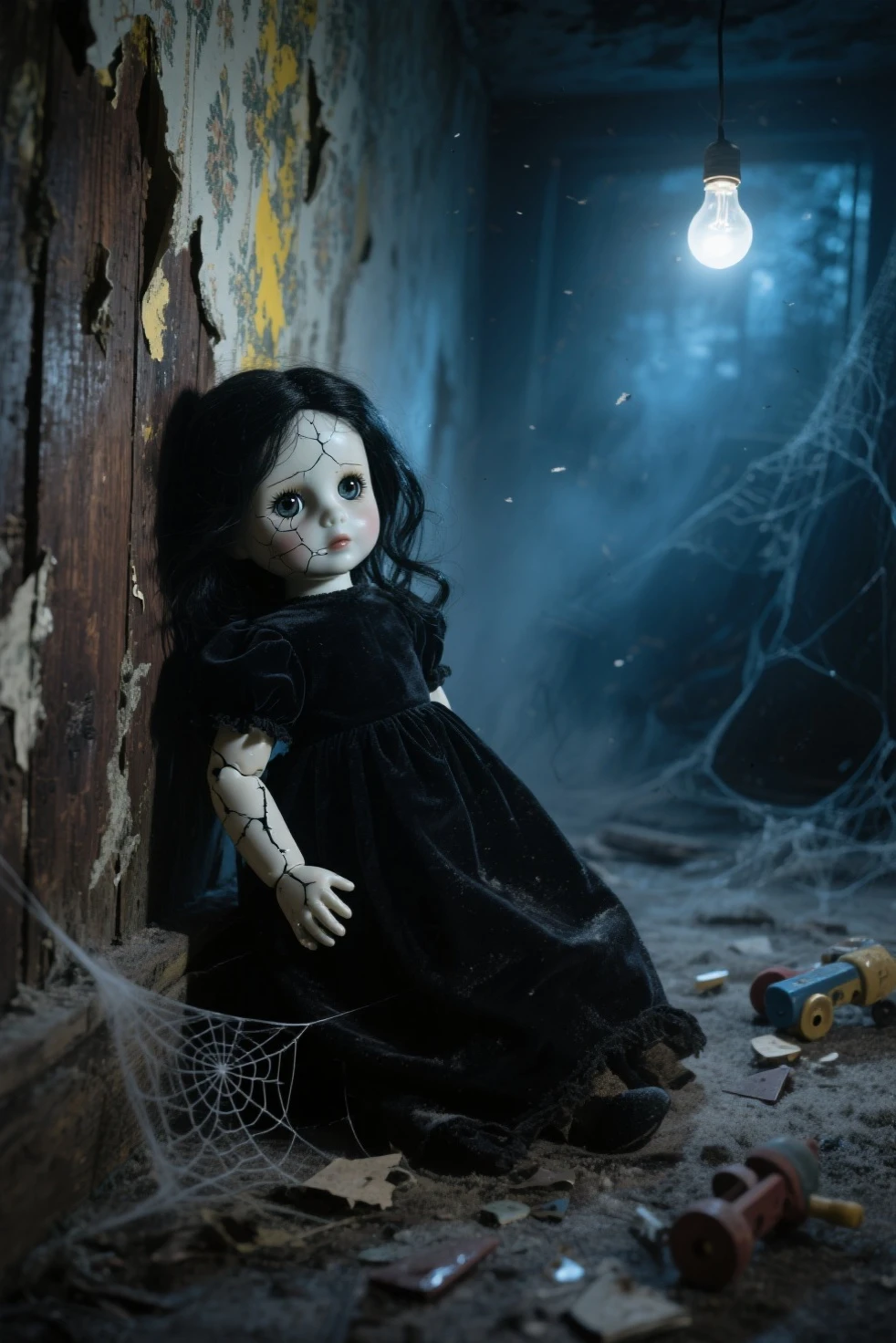 Create a frightening image of a porcelain doll in an old, dark place. The doll should have a creepy, unsettling appearance with cracked skin, lifeless eyes, and a sinister expression. The setting should be a dilapidated, shadowy environment, such as an abandoned house, a dusty attic, or a forgotten basement. Use dim lighting and eerie shadows to enhance the spooky atmosphere