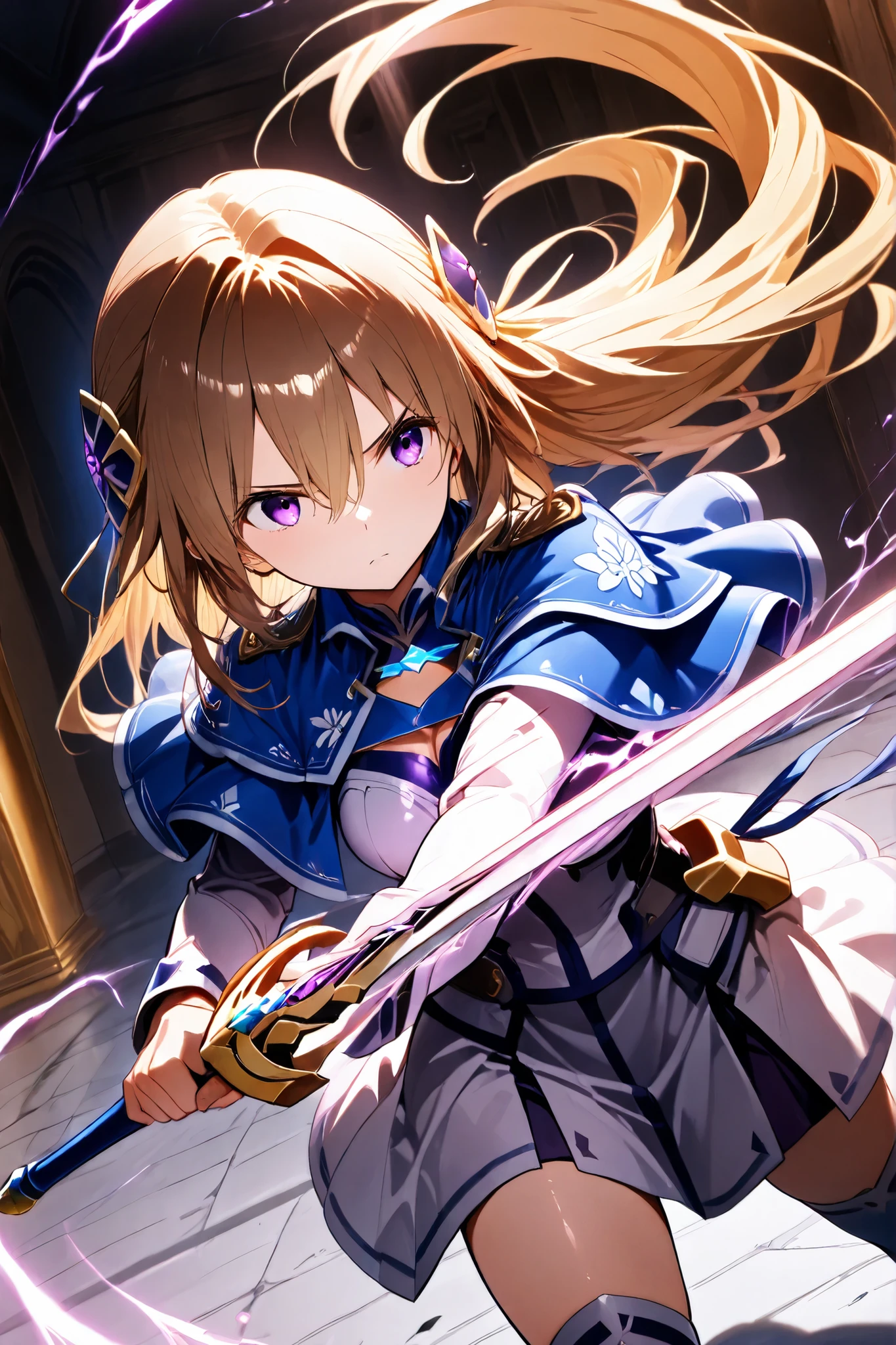 ((masterpiece))、(((top quality)))、((Super Detailed))、((illustrations))、with attention to detail、very detailed CG unity 8k、high resolution、美しいwith attention to detail目、 very detailed, very aesthetic, Tell me about Saber of Destiny/Zero is fighting with a sword, action, spread your legs, Motion Line, Dynamic Scenes , thigh high socks,, standing,(((long hair、purple eyes、hair between eyes、bungs、hair ornament、blonde hair、非常にlong hair、floating hair、brown hair, blue capelet ))),