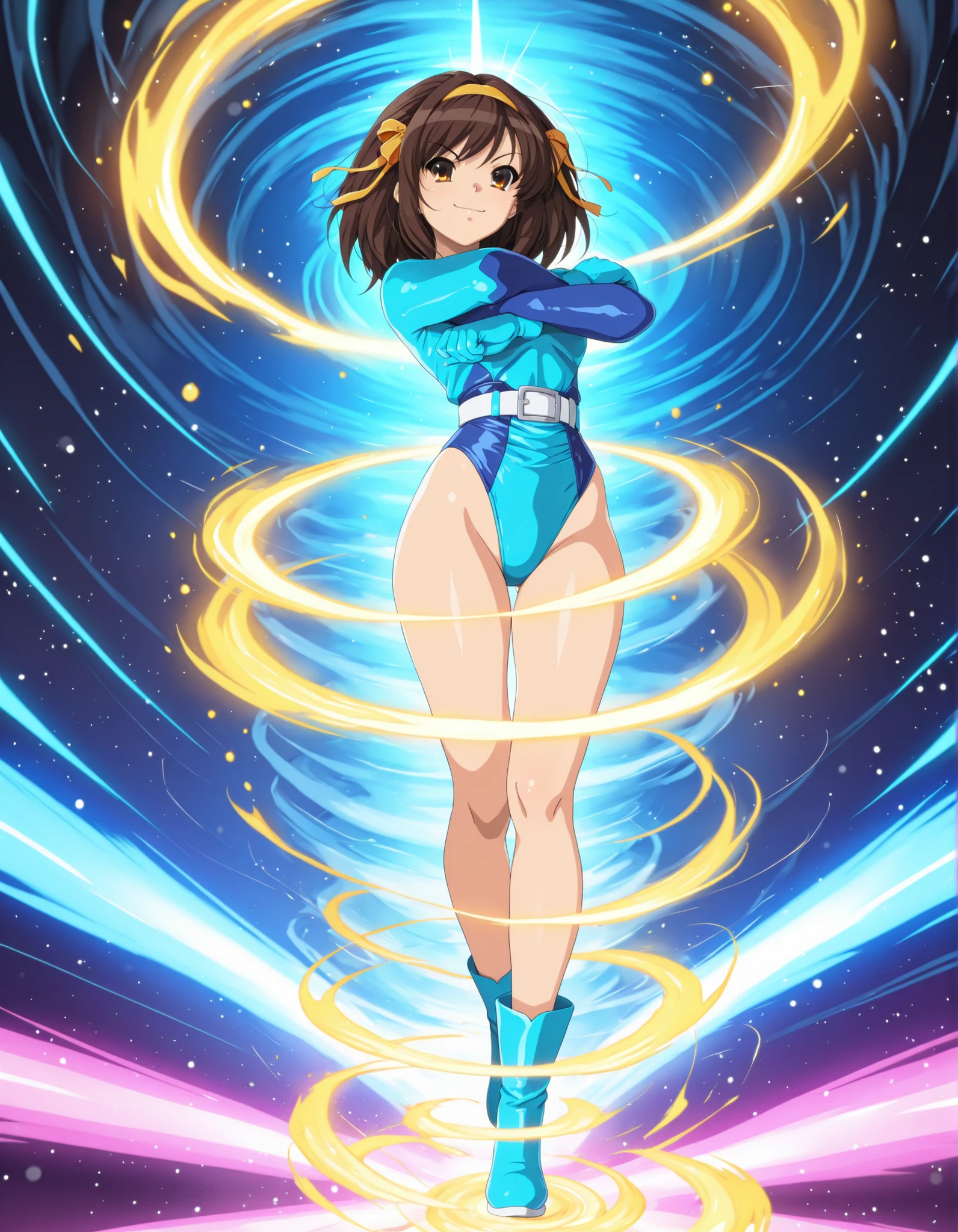 (masterpiece), (best quality), (high res), highly detailed, professional, 1girl, tall body, wonder, superhero, blue choker, blue eyes, blue footwear, blue gloves, matching boots, (blue leotard, competition swimsuit, elastic sleeves), medium breasts, brown hair, knee boots, short hair, bob hair, solo, determined, serious, full body, college-age female, cowboy shot, full body costume design. desert backdrop. ((T-pose, standing straight with legs together)). (spins fast in place like a tornado, whirls fast in place like a tornado, tornado whirling, (spiral lines around her), spinning energy pulse around her, storm winds around her, whirls into a tornado, (she whirls) in (super speeds)). full body costume design. curved sword slash. she super-spins.