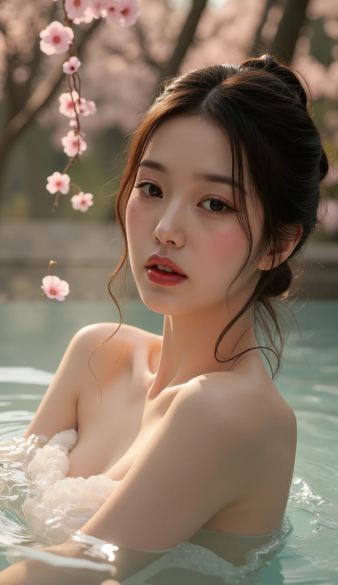 Picture of a beautiful hot spring woman、 Nude Photos　、has nothing to wear、Gesture to hide breasts by soaking in hot water but exposes cleavage、side angle、((Upstyled hair with beautiful wet waves wrapped loosely in a bun))、(An enchanting, ephemeral expression)、  beautiful décolletage、small breasts、  Beautiful white wet skin and hair, light makeup、  Beautiful pale eyes  , Nudist lips、 is very well detailedな顔    ,      realistic skin and texture      ,  dramatic lighting ,     Glowing Skin  ,    with dynamic composition  ,      Cinematic Angles      , ((The background is an open-air bath with cherry blossom petals floating on the surface of the water in a secret forest、Cherry blossom petals are dancing and a beautiful sunset is spreading、A fantastic atmosphere filled with steam)) 　、((emphasizes the silhouette and hair、romantic and fantastic atmosphere、Light and dark lighting 、 Warm shade palette ,  Sensual Atmosphere))、masterpiece, anatomically accurate, Ultra-fine, textured skin, accurate, 多くの賞を受賞したmasterpiece, high detail, high quality, is very well detailed, 