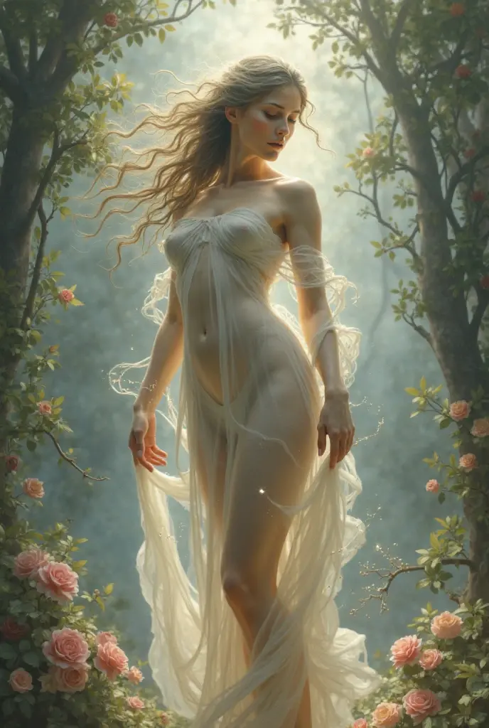 delicate, intricate leaf veins
resembling delicate brushstrokes,as tendrils of foliage swirl aroundthe figure, big busty girl, blurring the linesbetween dancer and environment,against a backdrop of gentle,glistening raindrops