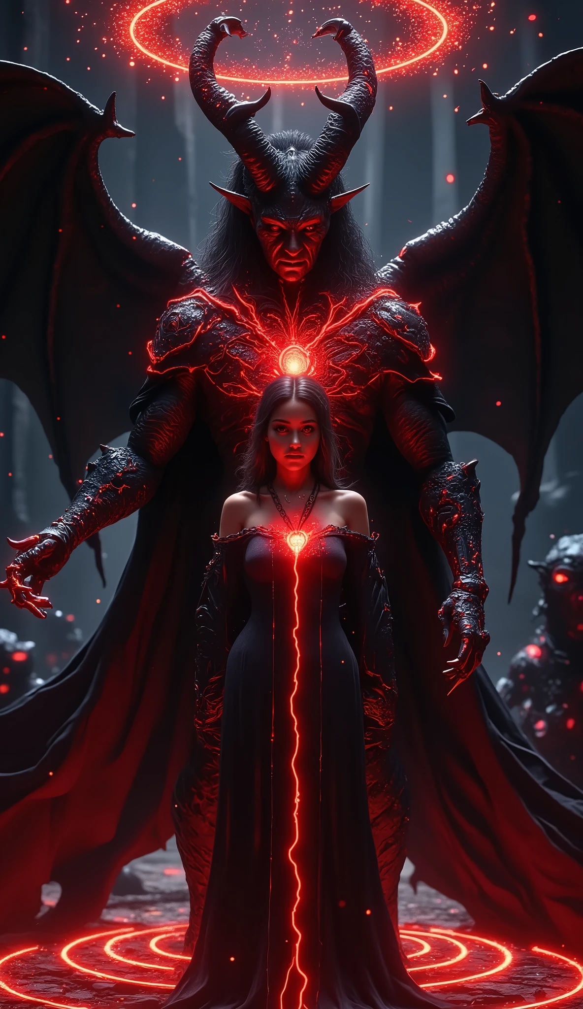 A dark, symbolic scene depicting a man and woman influenced by the Jezebel spirit. The man has a cold, controlling expression, with shadows and serpents coiling around him. His eyes faintly glow with a manipulative light. The woman, dressed in sinister, regal attire, has a haughty, cunning look, her eyes glowing red. Ghostly hands reach from the shadows around her, symbolizing control. Both figures emanate an eerie glow, set against a stormy, lightning-filled sky, representing their spiritual co