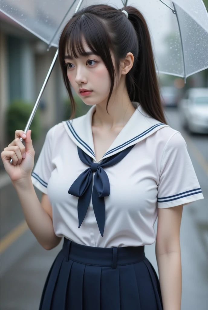 最high quality、high quality、best image quality、8k、最High resolution、High resolution、最high quality、masterpiece、RAW photo、whole body写真、Realistic human body in every detail、Realistic skin in every detail、Realistic face in every detail、Realistic eyes down to the details、Realistic lips in every detail、Realistic teeth in every detail、Realistic ears down to the last detail、Realistic hair down to the last detail、Realistic arms down to the last detail、Realistic reproduction of every detail、Realistic fingers in every detail、(fine hands、thumb1reference4)、Realistic feet in every detail、Realistic feet in every detail、Realistic breasts down to the last detail、Realistic areola in every detail、Realistic nipples down to the last detail、((beautiful japanese girl))、(japanese model), (japanese woman)、((18 year old beautiful girl))、(black hair)、(straight hair)、(ponytail)、((whole body))、((beautiful upturned chest))、(Slim and slender、Stylish slim body shape)、(whole body光沢肌、Fair skin)、Detailed and realistic human body、detailed realistic skin、detailed realistic face、detailed realistic arms、detailed realistic fingers、Detailed realistic feet、detailed realistic breasts、((dark cold stormy weather))、((pouring rain))、((heavy rain))、((school playground))、sailor suit、sailor skirt、Junior School、high school student、japanese school uniform、((pouring rainの中(A girl standing in the center of the schoolyard))、((It gets wet and see-through(クロップトップsailor suit、ミニsailor skirt))、((Performance(sorrow、dark、lament、Watery eye))、((pouring rainを浴びて(Soaked skin from head to toe))、((rainwater dripping from the skin))、((Wet and adhere tightly to the skin(クロップトップsailor suit、ミニsailor skirt))、((Rainwater dripping from uniform))、濡れたsailor suitから乳首の形がはっきりとわかる、angle from below