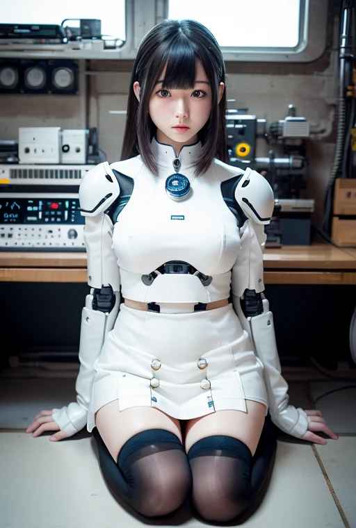 masterpiece, best quality, extremely detailed,8k portrait, Japanese android girl,Plump ,control panels,robot arms,robot,android,cyborg,white robot body,blunt bangs,robot repair plant,black knee high socks,（closing eyes:1.5）（sleep mode:1.5）