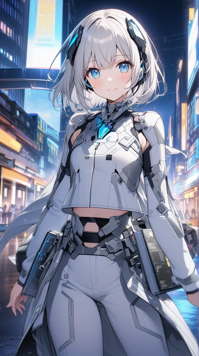 One adult woman、Blue Eyes、short hair、Silver Hair、Black Skirt、tights、Ruined City、Starry Sky、cyber punk