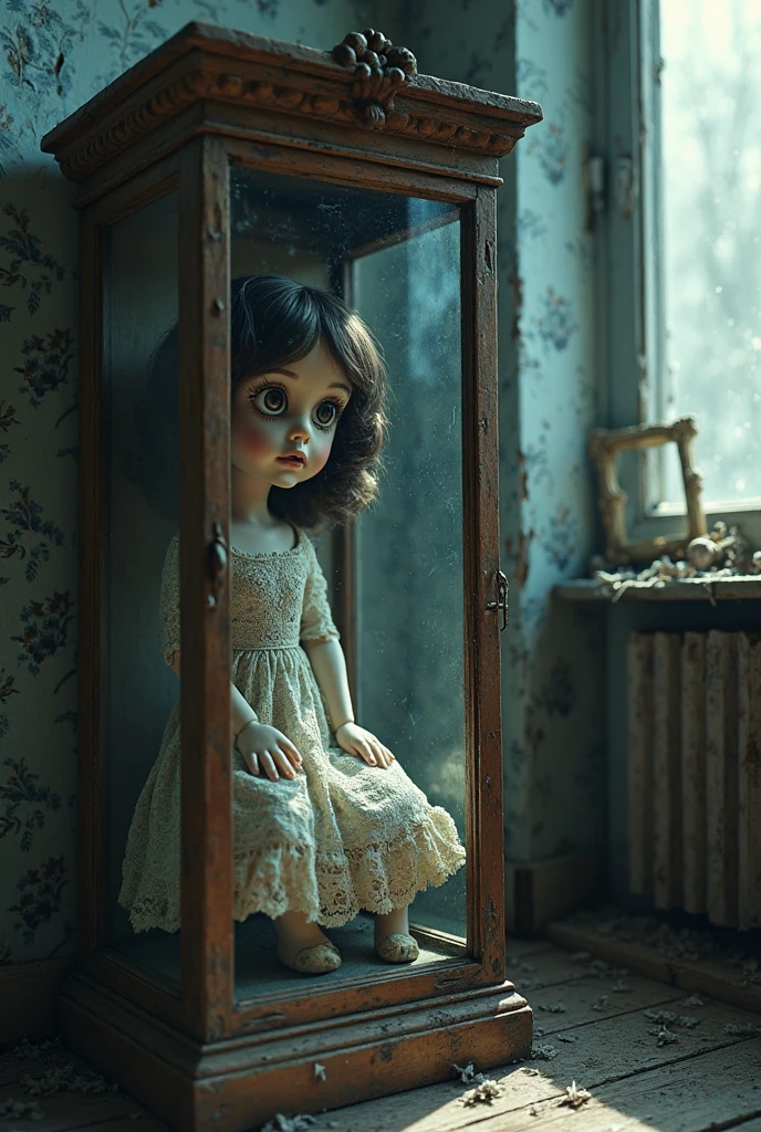 desolate museum, eerie dolls, suggestive poses, Showa-era nostalgia, dark and unsettling, high resolution, dusty and cracked floors, flickering lights, cobweb-covered exhibits