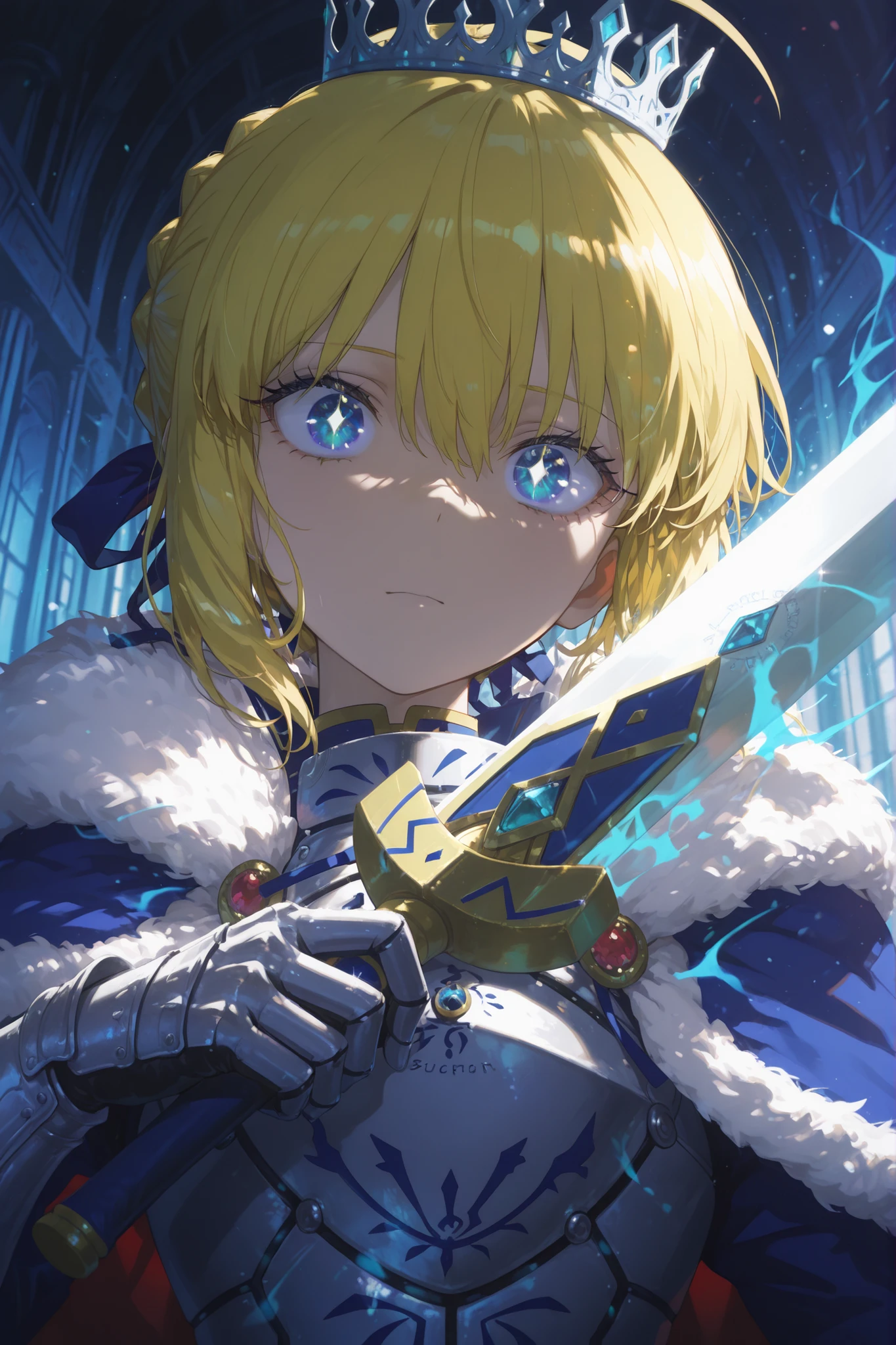 masterpiece, best quality, amazing quality, high res, aesthetic,newest, very awa, depth of field,best shadow,ray tracing,detailed light,cinematic lighting, perfect Lighting, absurdres, highly detailed, high quality, high resolution, hyper detail, perfect anatomy, detailed background, perfect proportions, bright skin, shading, countershading, deep shadows, deep focus, sharp focus, dramatic shadows, chiaroscuro, particle effects, epic composition, epic proportions, volumetric lighting, light particles, effect, clear outline, perfect proportion ,harmonious composition, drop shadow, motion lines, (((sfw))), (censorship), upper body view, score_9, score_8_up, score_7_up, source_anime, BREAK newest, alone, solo, mature women, artoria pendragon_FATE STAY NIGHT, blonde hair, green eye, sidelocks, bangs, tall build, braid, french braid, blue ribbon, hair bun, ahoge, armor, crown, fur trim, cape, breastplate, armored dress, gauntlets, blue cape, fur-trimmed cape, sword, excalibur \(fate/stay night\), glowing weapon, holding sword, castle, action shots, dynamic action, close up, dutch angle, Expressive, (((beautiful face, perfect eyes, detailed iris, sparkling eyes, diamond eyes, gem like eyes, round black pupils, fisheye lens, beautiful_detailed_eyes, beautiful long eyelashes, beautiful big eyes, perfect eyes, detailed iris))), highly detailed, high quality, xmc, serious expression,aura, energy_aura, golden_aura, energy_ring,

