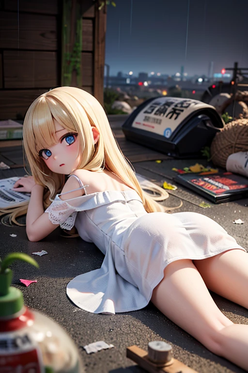 At the bottom of the screen, There is a very beautiful girl, lying down, in school skirt, half-open leg, small panties, toy doll in hand, in bed at night, surrounded by many dolls, realistic texture style, popmart blind box.clay material, bright background, award-winning, LED3d art, Pixar trend, surreal, octane rendering, complex details, animation lighting, fieldray stroke depth, Illustration, C4D