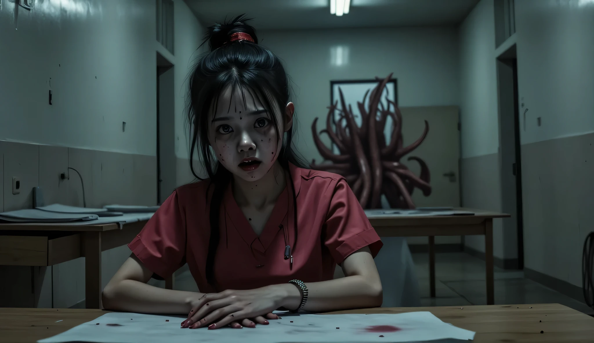 A frightened 20 year old Asian girl, beautiful face, black hair tied in a bun, dark red nursing scrubs, sitting at a nursing station in a dark abandoned hospital, tentacles are coming up behind her in the background as she sits unaware, Eldritch Horror, surreal, high detail, masterpiece.