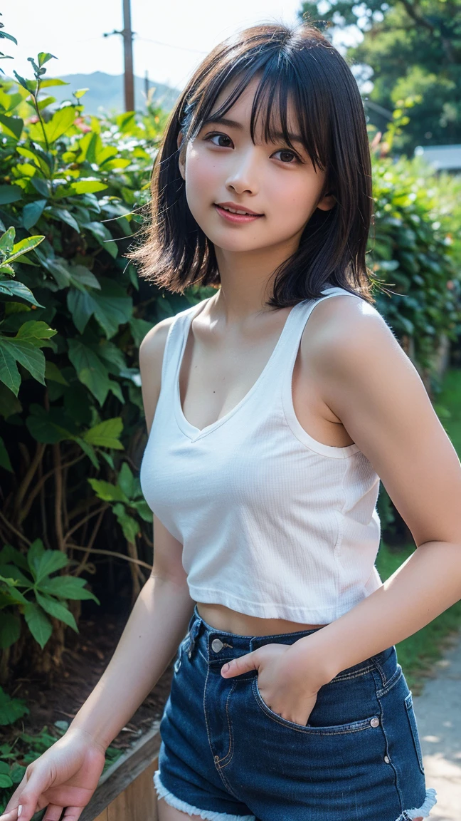 neat college girl、petite person、(student clothes、summer clothing、shortsleeves)、Outside the field、(Slimed、small tit、flat boobs、small boobs)、Photorealsitic、detaileds, Skin texture, ultra-detailliert、Delicate and sexy collarbone、a smile、Super detailed face、detailed lips、A detailed eye、二重まぶた、Sitting on legs bending the knees、squatting、White panties are visible from the skirt、sexy  pose、Shorthair with bangs、Straight Bob Hair、