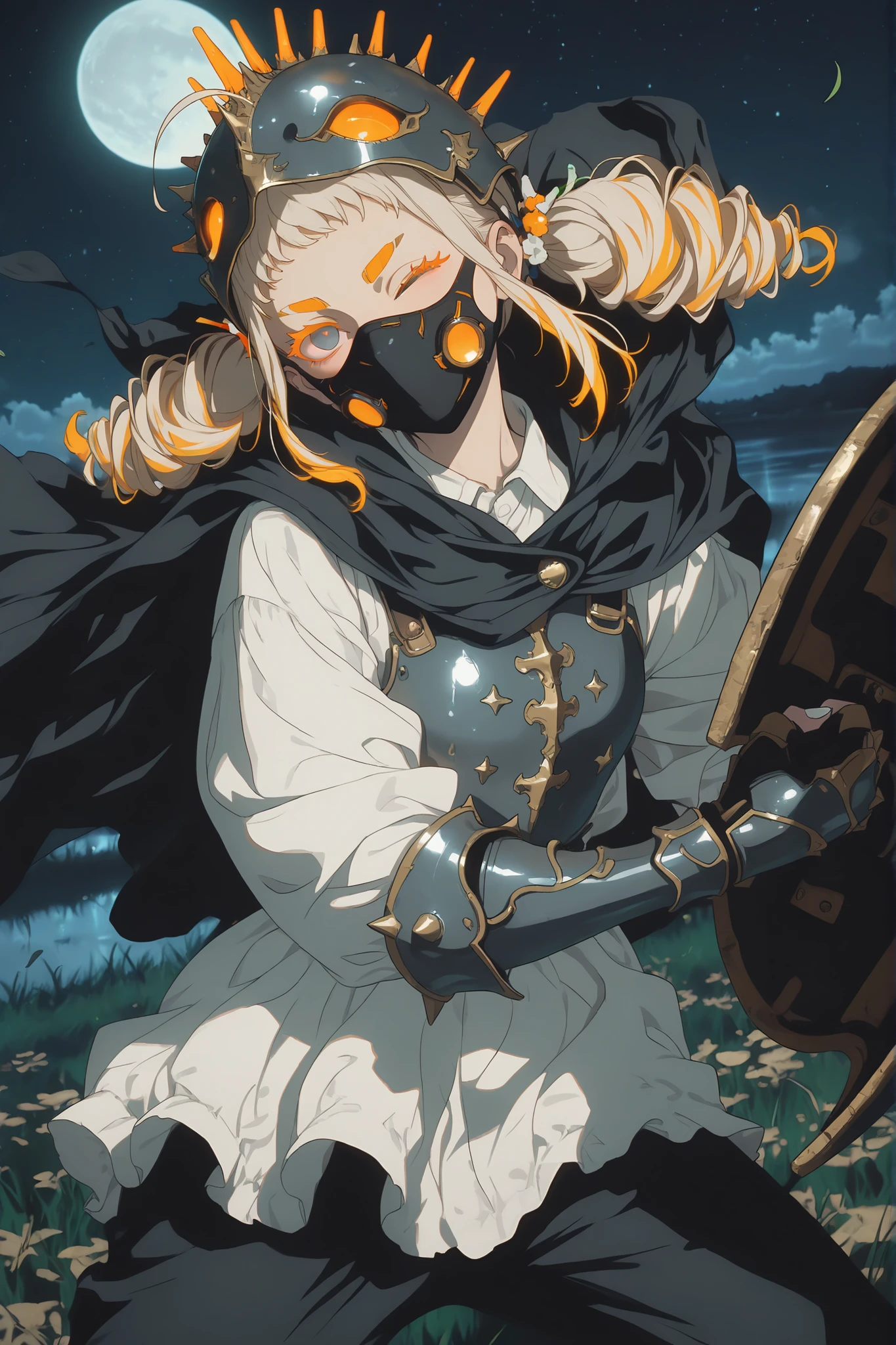 Masterpiece, best quality, very aesthetic,4K, ultra hd, blooming, fog, 1girl,small , solo,18 yo, teen, (white nails, thick eyebrows), beige skin tone, upper body, cinematic angle,slender body, serious , looking  side,  (gray eyes, glowing eyes, red pupil, orange eyelashes, tareme eyes, constricted pupils, one eye closed, head tilt),(medium hair, yellow ahoge, colorful spiked hair ornament, low twin drills, beige hair, multicolored hair, yellow tips hair, sidelocks, ,short bangs, shiny hair), standing, clenched fist, fighting stance, dynamic pose ,outdoors, on meadow, grass, leaves, wind, scenery, lake background, night sky, starry night, moon, dark atmosphere,4k, soft focus, particles, Armored dress, face mask, gauntlets, shield, helmet on head, cape, white dress, long sleeves,collared dress,chest plates, black pants, moonlight, low lighting, LDSCH Style, aesthetic, anime coloring, anime screenshot, usnr