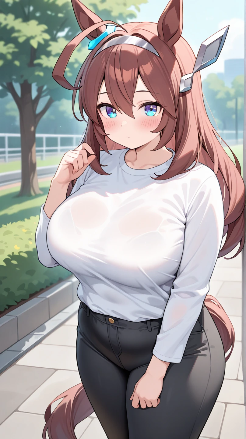 (Best quality:1.5, a high resolution, uhd, 4K, detailed lighting, shaders), brown tail, right bangs, Big breasts,  black trousers, sexual, Erotic, vulgar, standing, smiling, shopping center background, NECKLACE
