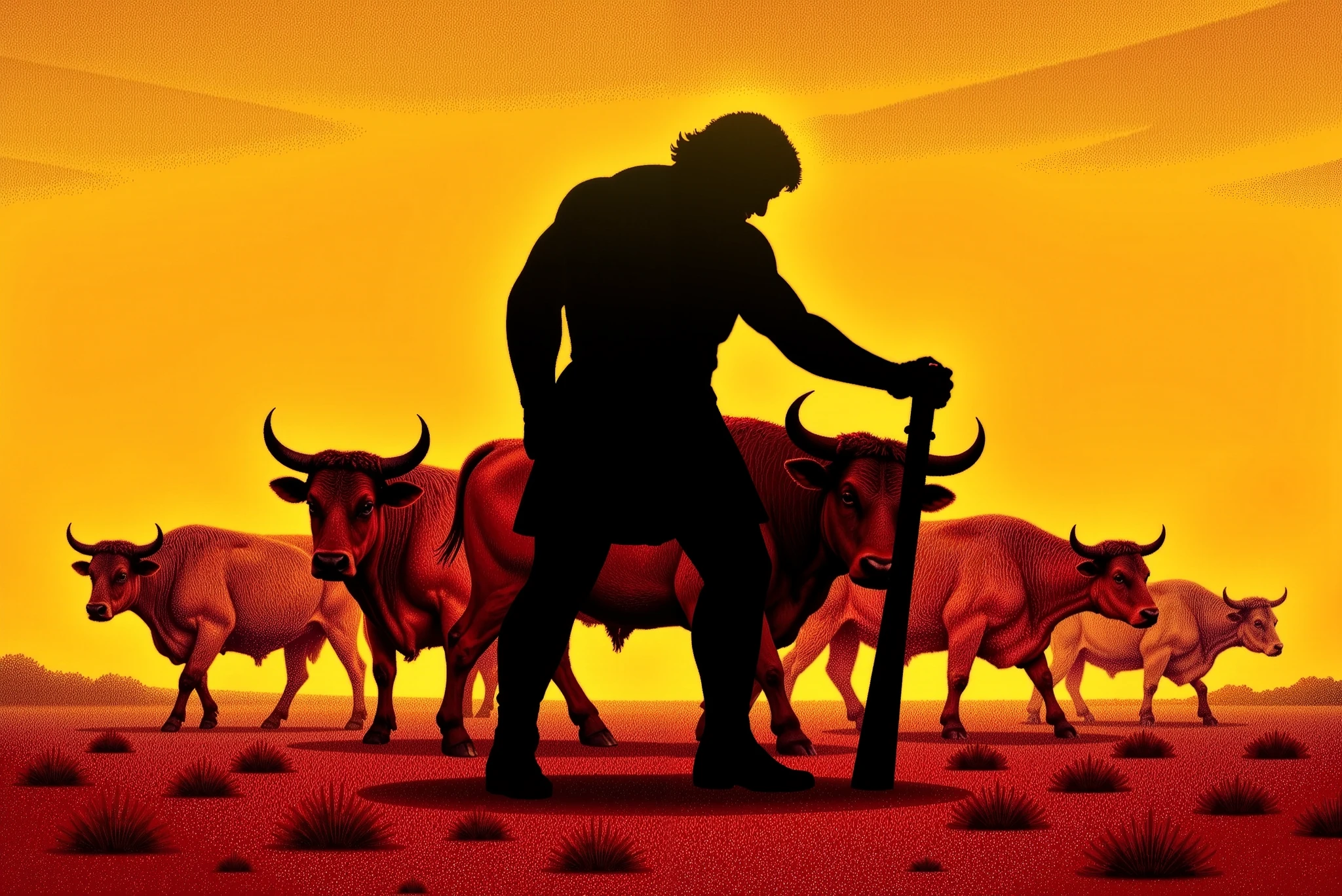 A realistic image depicting Hercules in a bright, golden landscape, herding and driving a herd of red cattle. Hercules is strong and serene, depicted with classical proportions and dressed in minimalist battle-worn attire. His silhouette is illuminated by the fiery sunset behind him, casting long shadows across the blood-red land. The red cattle have a majestic and slightly mystical appearance, with polished horns reflecting the warm light. Hercules' gestures demonstrate strength and care as he herds and guides the animals. The scene is peaceful yet powerful, combining mythological grandeur with pastoral beauty. The contrast is high, highlighting the textures of Hercules' muscles, the hide of the cattle, and the glowing horizon.