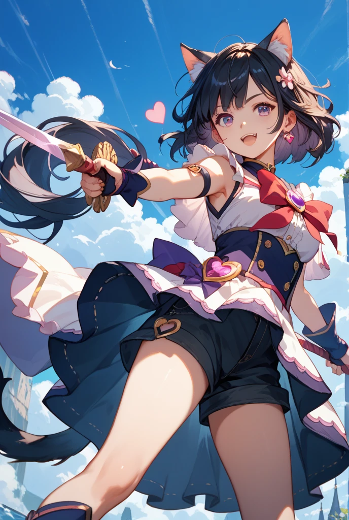 masterpiece, Highest quality, One adult woman,Very detailed,Rin々Nice face,Open Mouth Smile,White, pink, and purple adventurer uniform,Medieval Europe,Show your armpits,Black eyes,The dignity of a hero,tattoo,Cape,Legs visible through the skirt,Natural Beauty,Cinematic,Medium cleavage,
