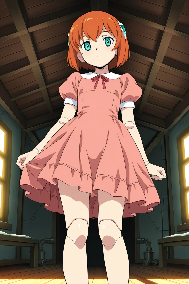 Yotsuba nakano, comind down the stairs, looking down,, yotsuba going downstairs, (1 girl, solo, alone), , sfw, nakano_yotsuba, blue eyes, indigo eyes, aayotsuba, short orange hair, yotsuba from The Quintessential Quintuplets, masterpiece, 4k, ultradetailed, cowboy shot, short orange hair, green ribbon, hair ribbon, blue eyes, innocent, pure, tender, frightened, terrified face