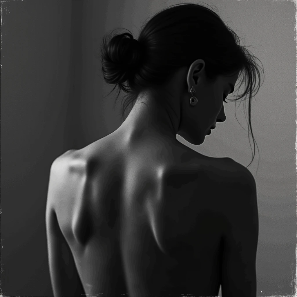 Masterworks, real photography, black and white portraits, female back photos, light and shadow effects,HDR, 8K,RAW, Ultra HD, Movie lighting