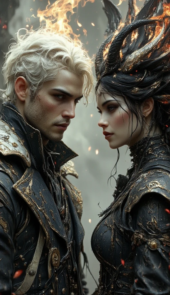 realistic, (masterpiece, top quality, best quality, official art, beautiful and aesthetic:1.2), extremely detailed,fractal art,colorful,highest detailed,zentangle,(abstract background:1.5) (1boy + 1girl:1.3), (crows),silver hair, bright eyes,hair slicked back, short hair, black robe,  dark fantasy, holy, horror, most beautiful photo, hyperealistic, best lighting, dragons, skulls