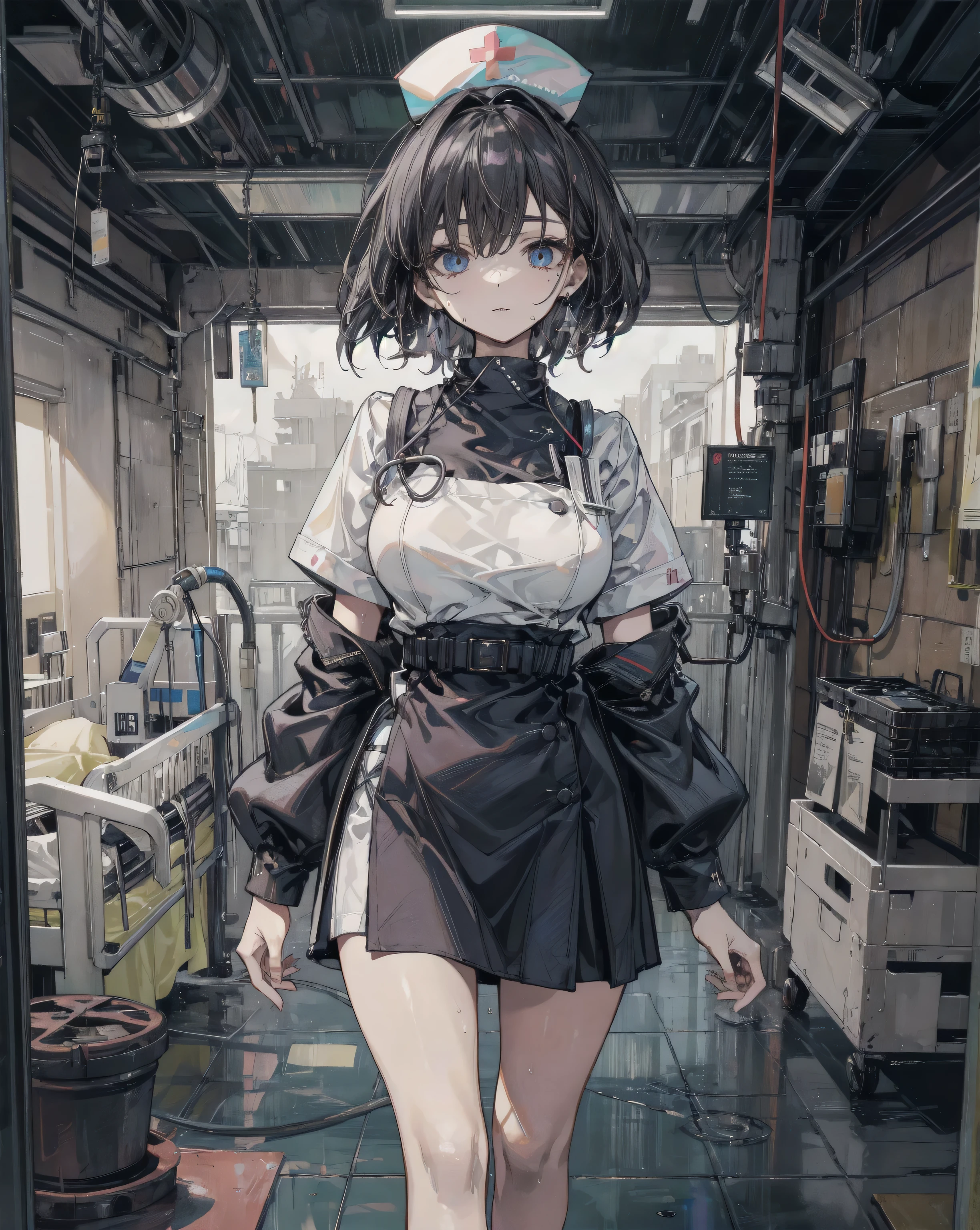 whole body, mechanic's jumpsuit, absurdres, RAW photo, extremely delicate and beautiful, masterpiece, Best Quality, ultra high resolution, 32k, hyperrealistic, ultra-detailed, detailed description, pale skin, 20 years old, detailed beautiful face and eyes, tearful mole, earring, Colossal tits, short medium hair, wavy hair, shorts, long sleeve,