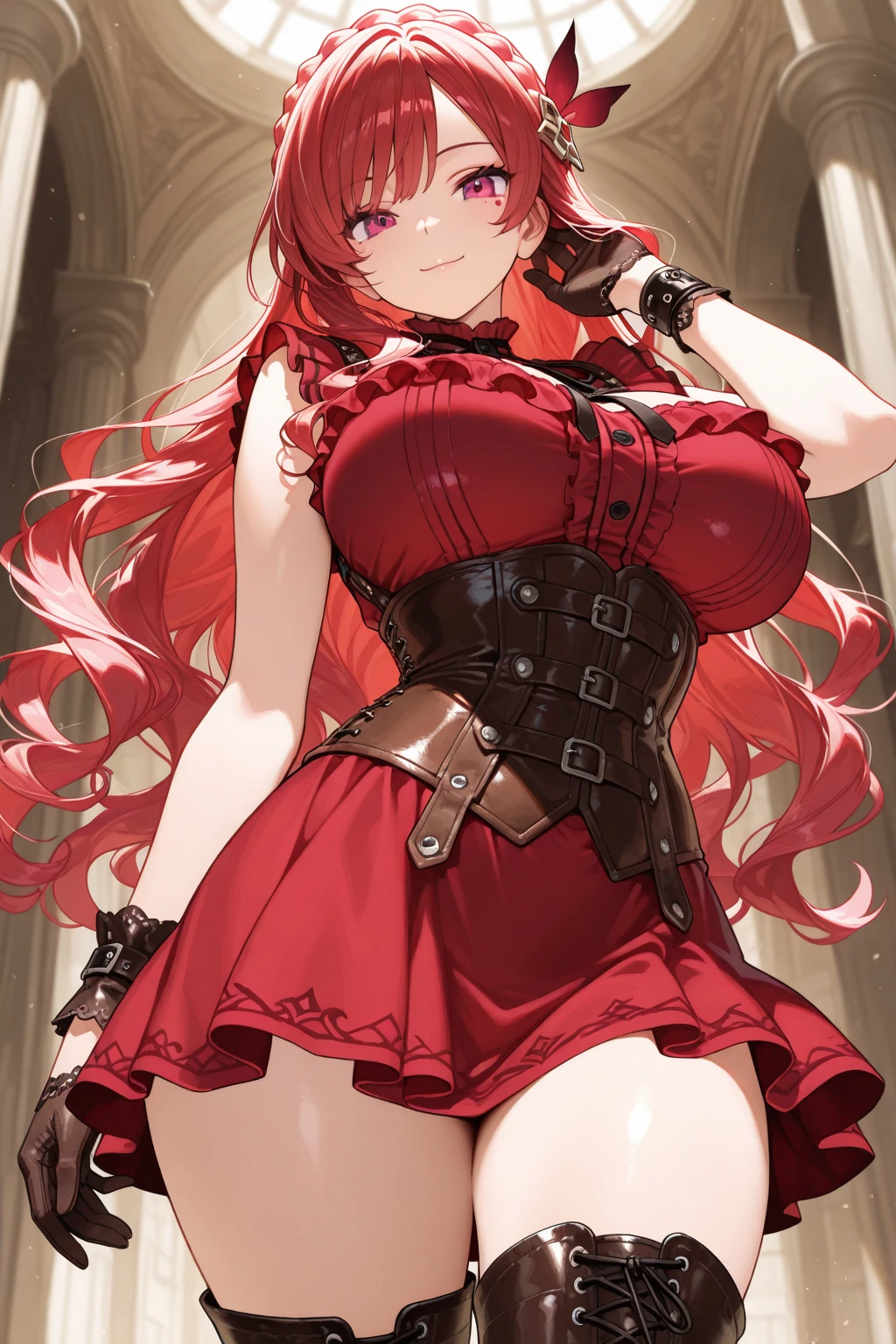 ((Ultra-detailed)), (top-quality), ((masterpiece)), ((Super exciting)), ((8K)), ((1080p)), ((extremely clear)), ((Very sophisticated)), ((Anime Graphics)), ((Anime quality)), ((Anime Illustration)), ((Upper lighting)), ((depth of fields)), ((Glowing skin)), ((gleaming)), ((shiny-glistening)), (3D)), ((Perfect Anatomy)), (Realistic skin texture), ((Detailed face description)), (bright color:1.2), (((solo)), (a girl), (a beauty), (Eris Greyrat:1.5)), ((red eyes), (slanted eyes), (anime quality eyes)), ((red hair), (long hair:1.2), (((ahoge))), (headband)), (muscular body), (blush), ((huge chest)), ((red dress:1.5), (dress skirt), (leather corset)), ((elegant room)), ((fold arm)), ((chest up)), (pink lip), (displeased look), (upper body), (look at viewers),