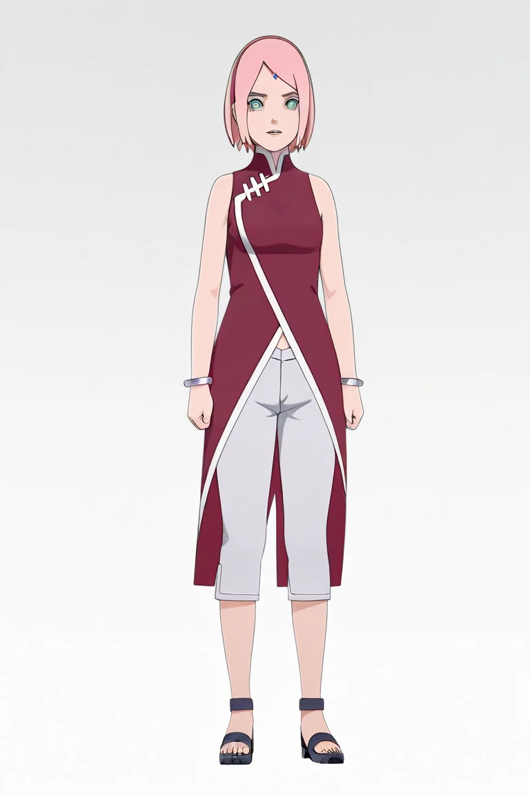 source_anime,
Full body, tmasterpiece, standing, (Complicated details),(rich colourful), Movie Lighting, the Extremely Detailed CG Unity 8K Wallpapers , sakura haruno, 1girll, solo,(indoors),((red sleeveless dress, white pants, navel, sandals)),Particularly heavy blush,
