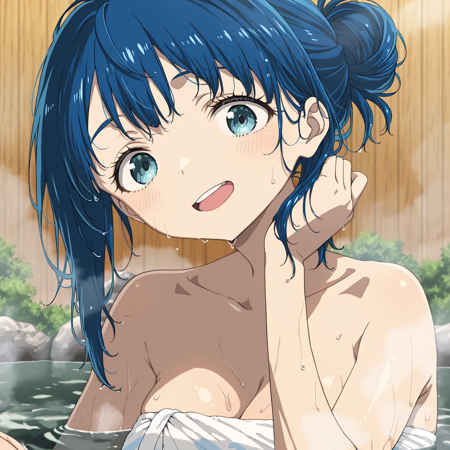 <lora:Nozaki_Sumire:0.8>, nozakisumire, 1girl, swimsuit, bikini, blue eyes, blue hair, short hair, solo, water, open mouth, retro artstyle, frills,
masterpiece, high quality, very_high_resolution, large_filesize, full color,